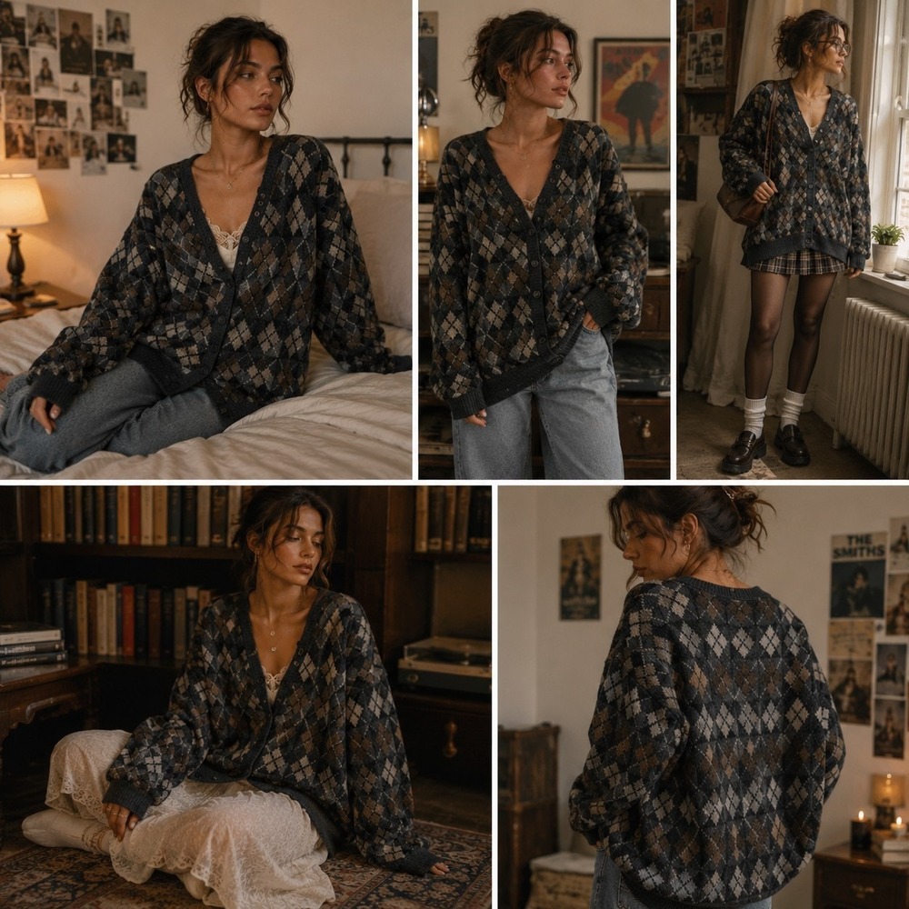 VTG Urban Renewal Oversized Argyle Cardigan M/L Fall Grandpa Academia Grunge